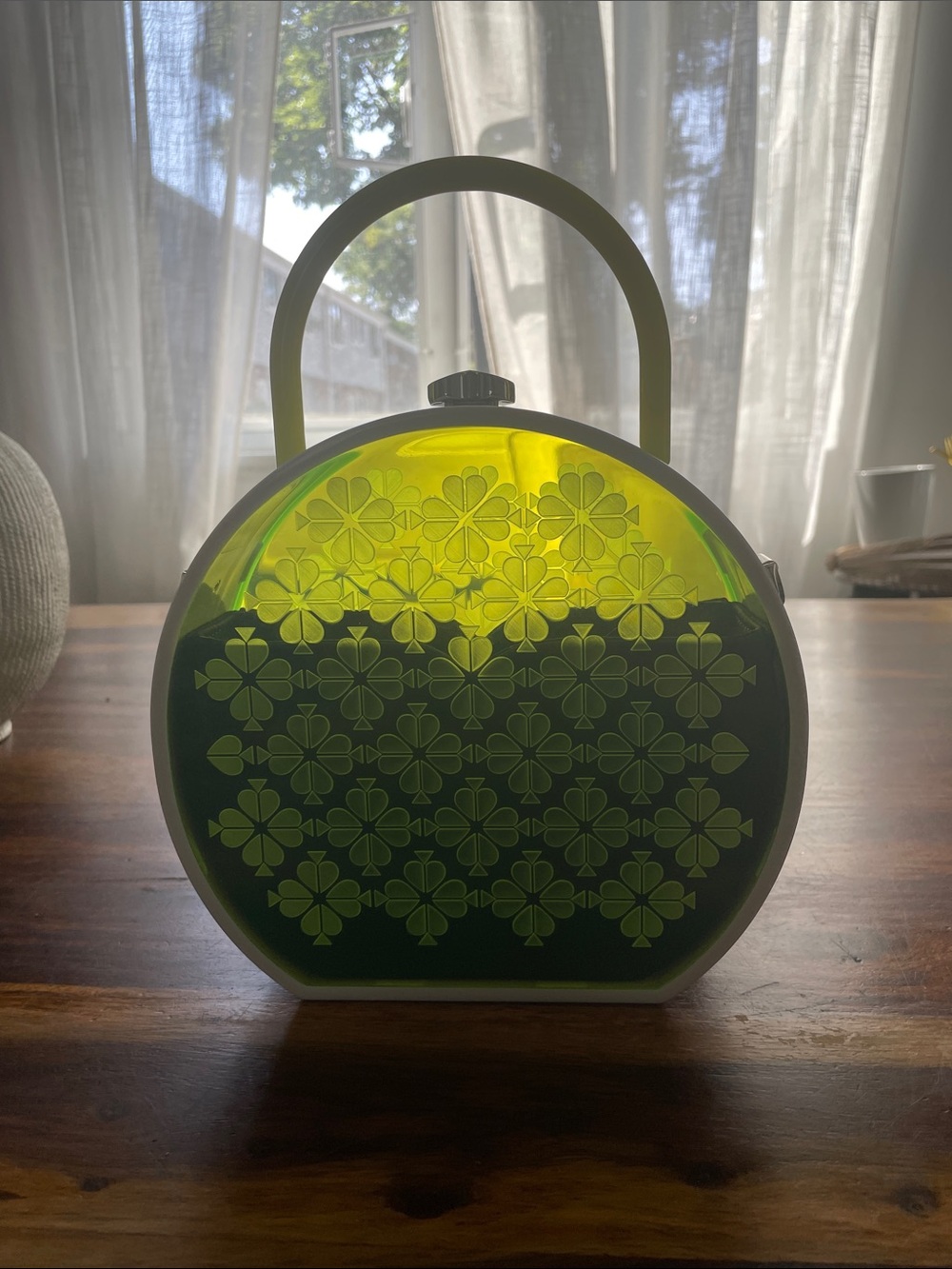 Kate Spade Green Floral Pattern Round Acrylic Tote with Yellow Handle - Picture 2 of 7